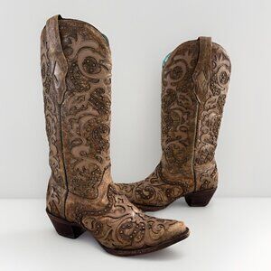 Corral Cognac Overlay Embroidered Western Leather Boots Women's Size 6